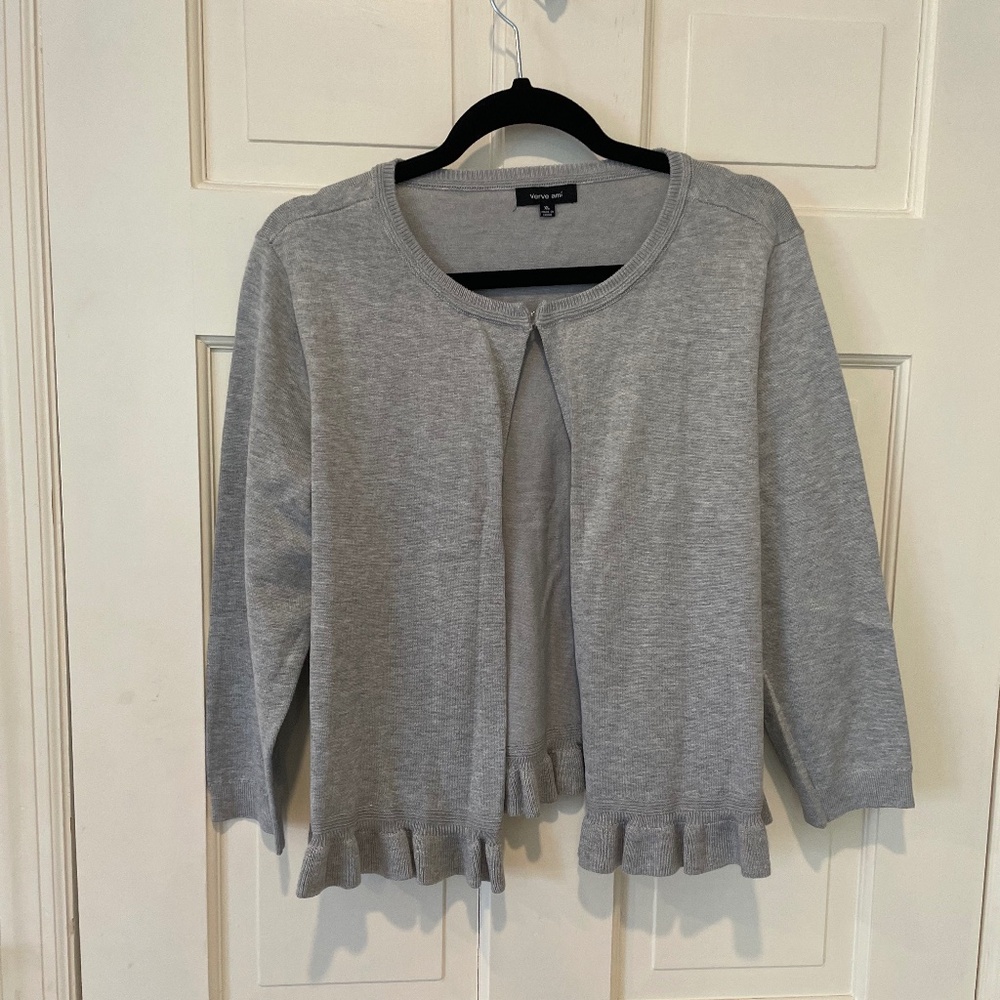 Gray Cardigan Sweater with Ruffle Trim